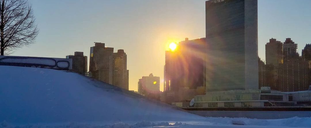 Winter, Sun Setting Over Manhattan Skyline from FDR Four Freedoms Park on Roosev…