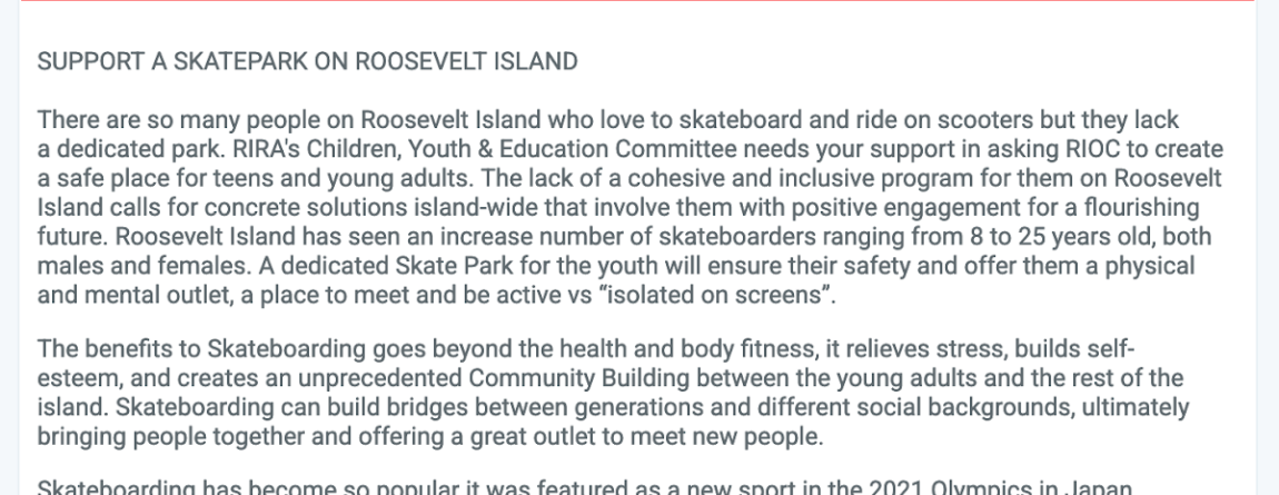 Roosevelt Islander Online: RIRA Children, Youth & Education Committee Seeks Community Support For Creation Of Roosevelt Island Skateboard Park