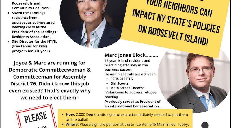 Roosevelt Islander Online: Roosevelt Island Residents Joyce Short And Marc Jonas Block Are Candidates For NY State Democratic Party Committee