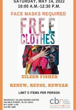 Eileen Fisher Free Renew, Reuse And Rewear Women’s Clothing Giveaway At Roosevelt Island Carter Burden Senior Center Saturday May 14