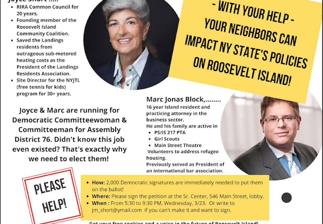 Roosevelt Islander Online: Roosevelt Island Residents Joyce Short And Mark Block Running For NY Democratic Party State Committee With Support Of Top State Party Leadership