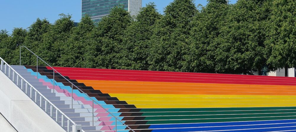 Roosevelt Islander Online: Largest 2022 NYC Progress Pride Flag Can Be Viewed At Roosevelt Island FDR Four Freedom Park Monument Staircase Through The End Of June